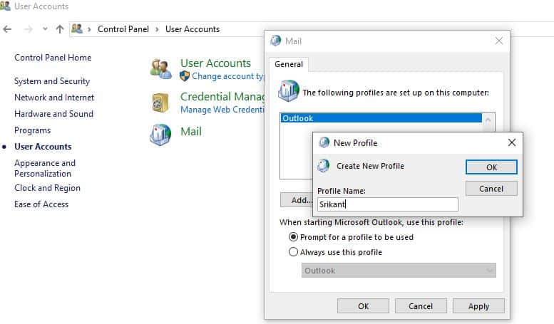 Create New Outlook user Profile