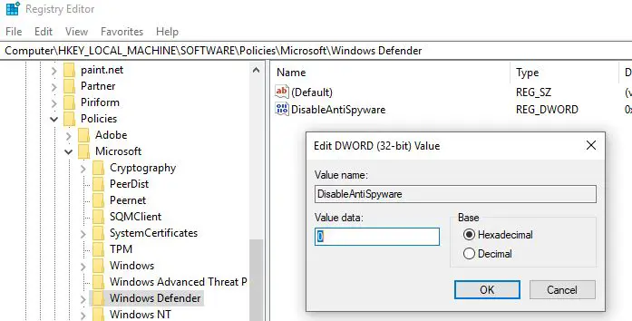 Disable Windows Defender From Registry