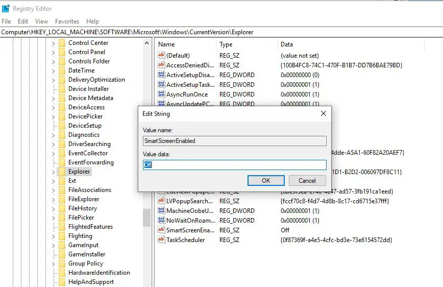 Disable Windows Smart Screen using Registry Edit