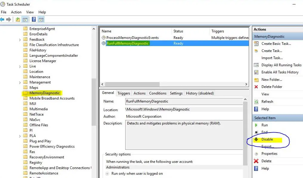 Disable memory diagnostic task scheduler