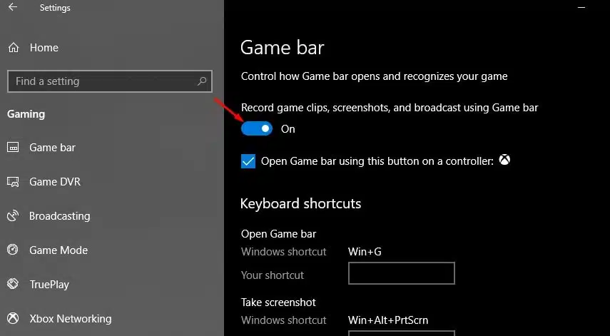 Enable Game bar on windows 10
