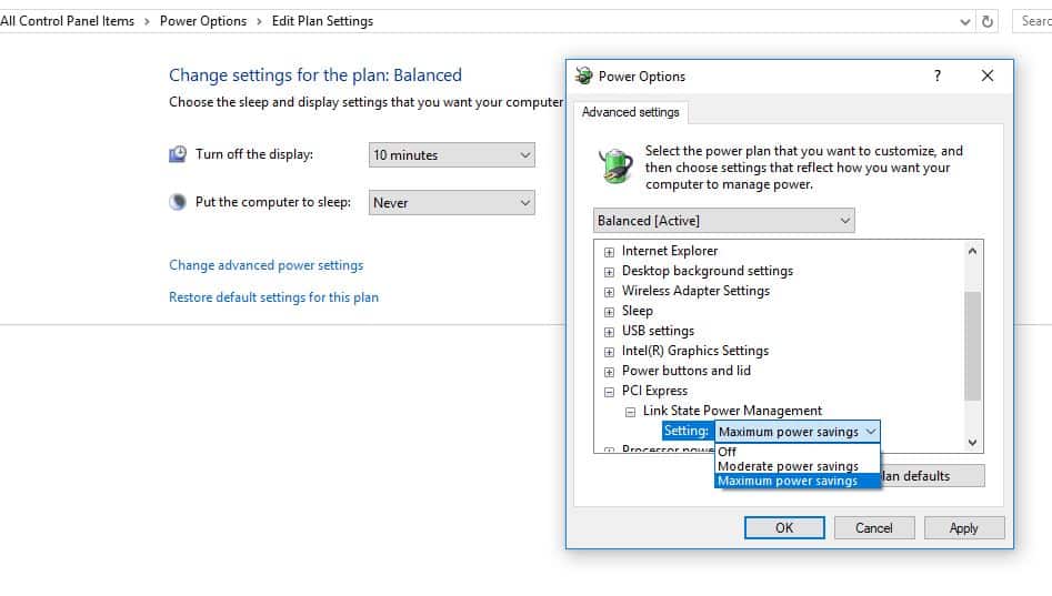 Modify PCI Express Power Management Settings