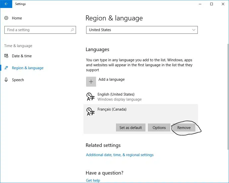 Remove A language from windows 10