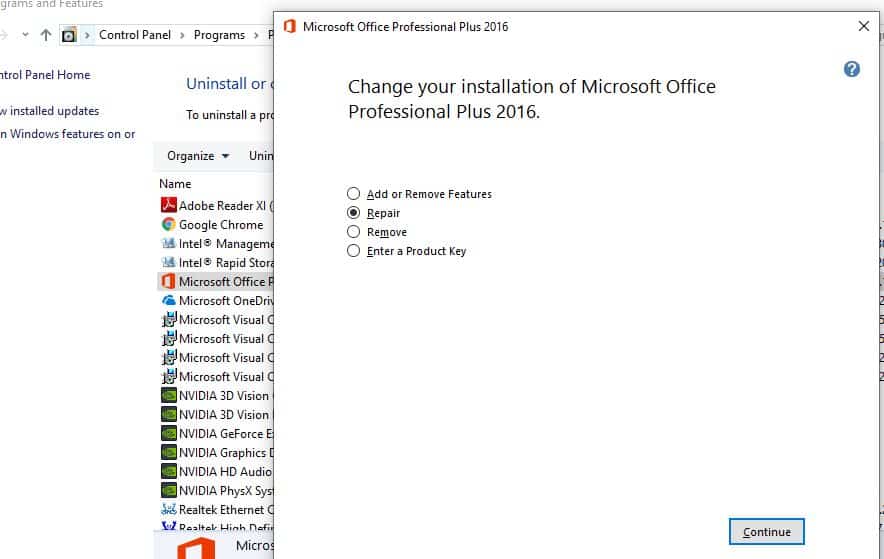 Repair your Microsoft Office suite