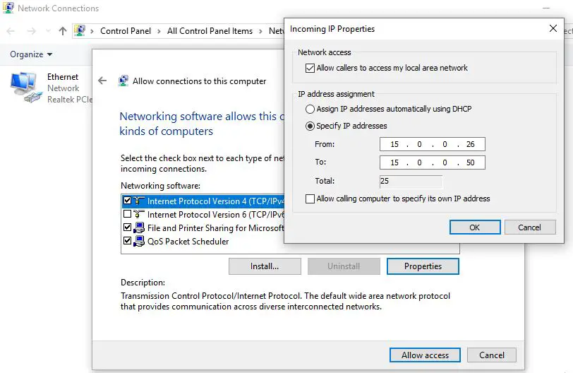 Select the protocols and IP for VPN