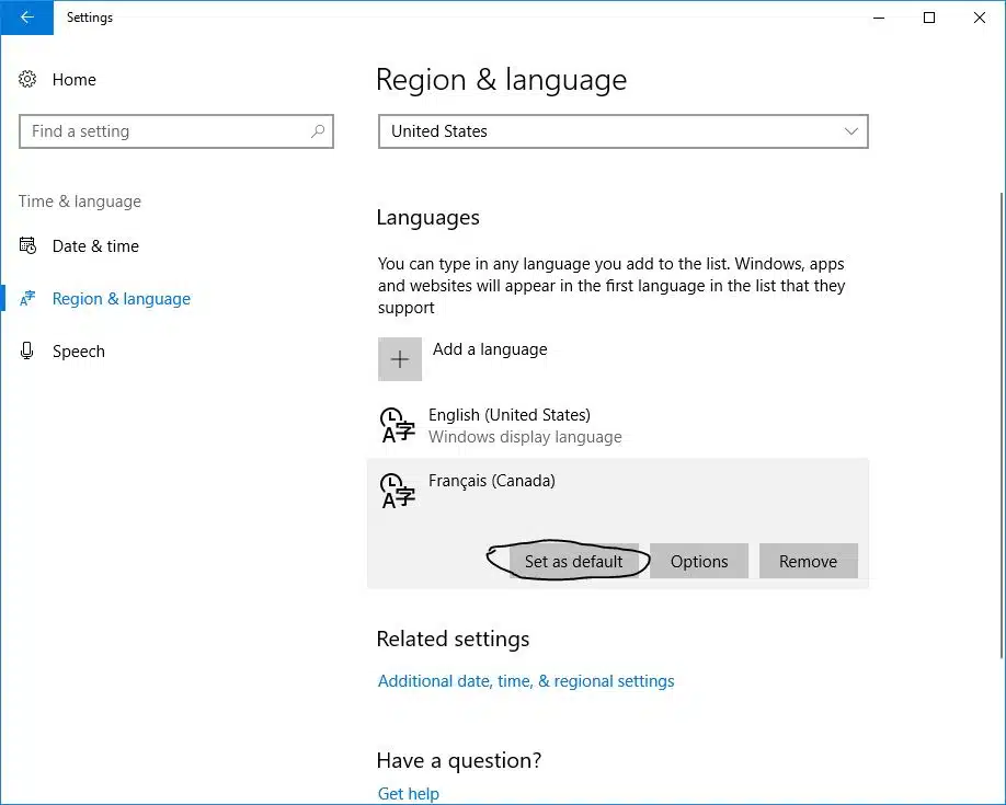Set As default language on windows 10