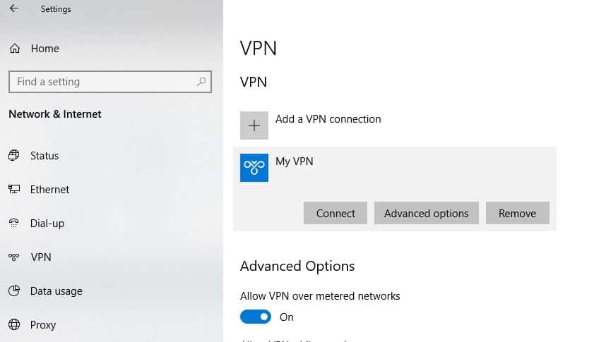 VPN options windows 10