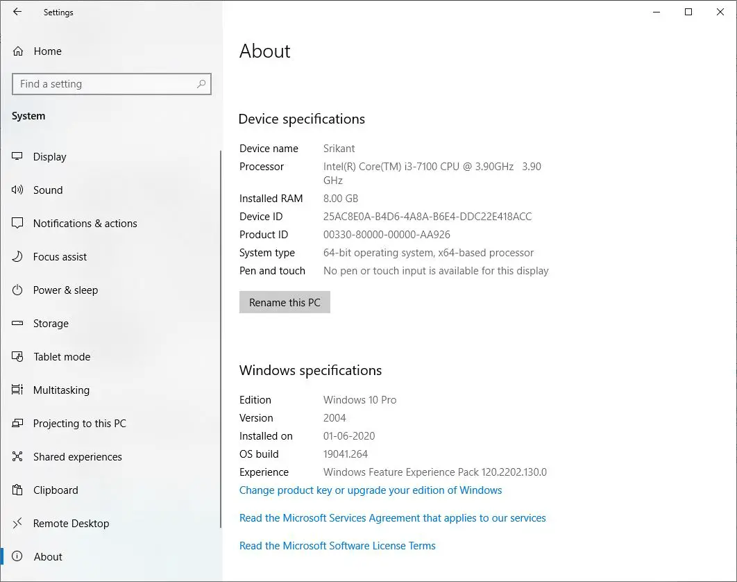 Windows 10 Device information