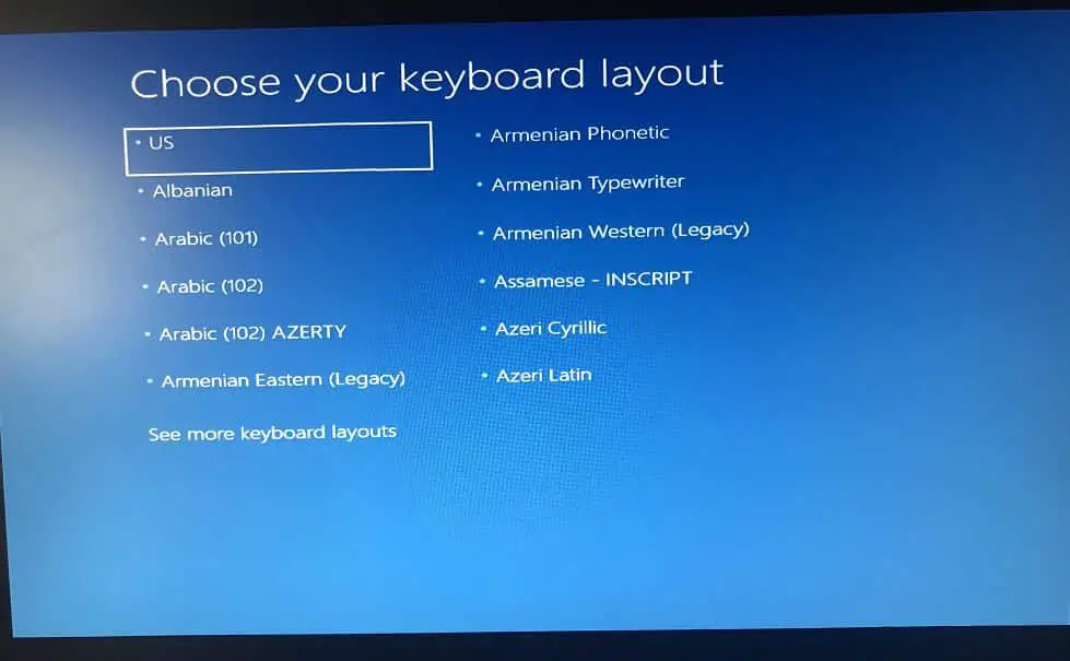 Windows 10 Upgrade stuck at Choose your keyboard layout