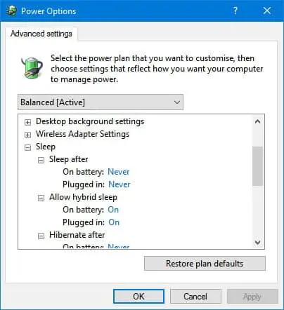 Windows 10 sleep mode options