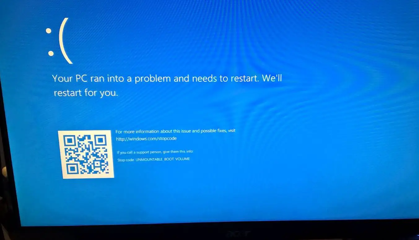 Windows 10 unmountable boot volume