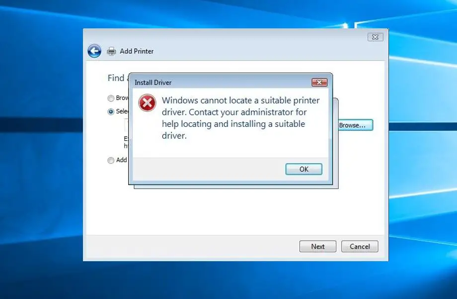 Windows cannot locate a suitable printer driver