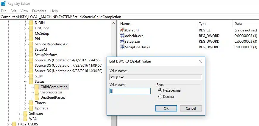 change the value of setup.exe under childcompletion from 1 to 3