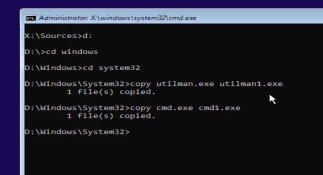 copy utilman and cmd