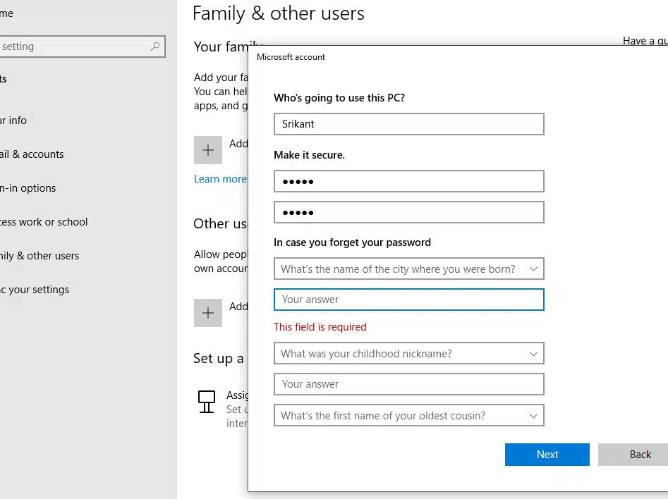 create a local account in Windows 10