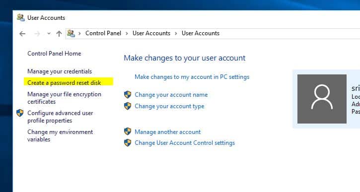 create password reset disk