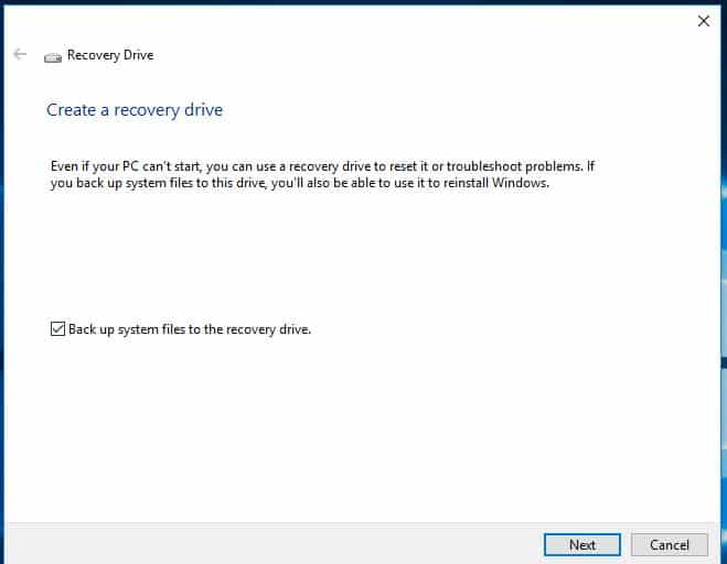 create recovery drive