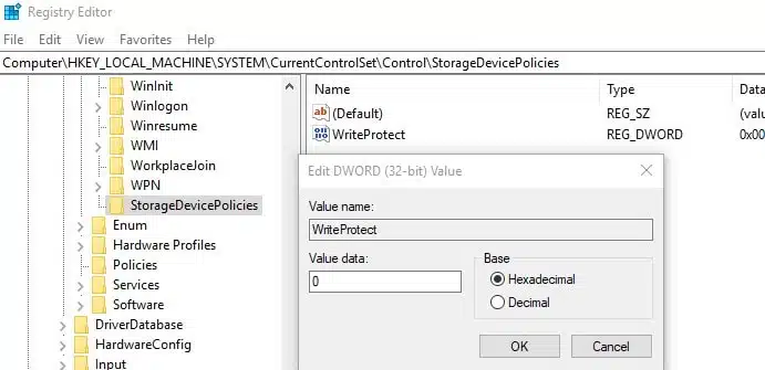 registry editor to remove write protection