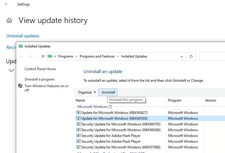 uninstall Windows 10 update
