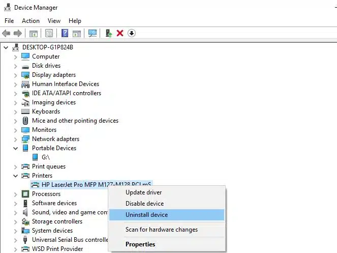 uninstall printer on Device manager