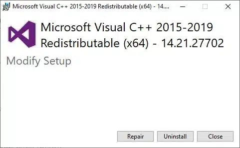 Repair Visual C++ Redistributable
