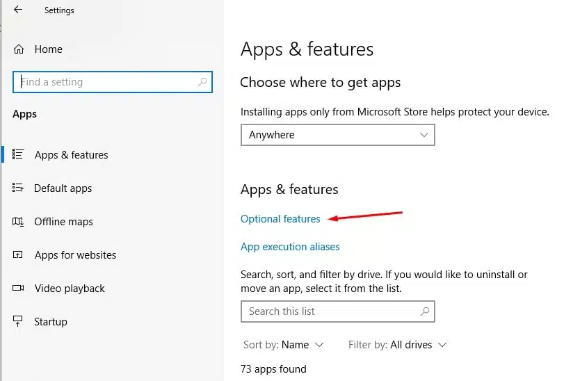 Windows 10 optional features link