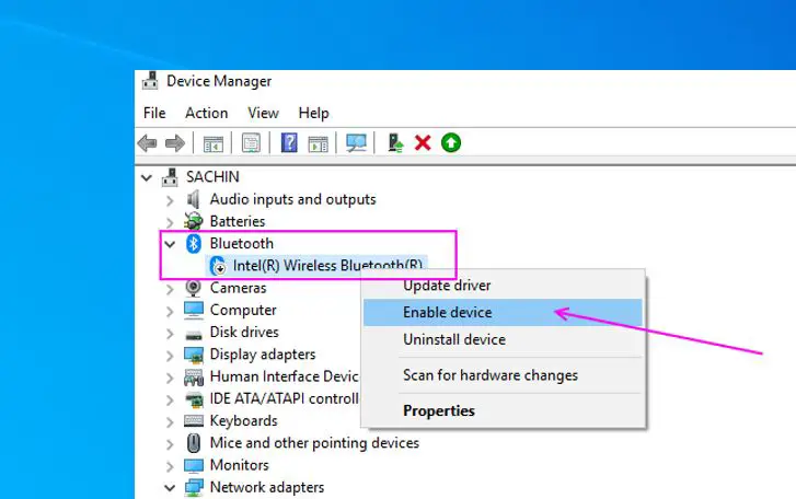 enable bluetooth on device manager