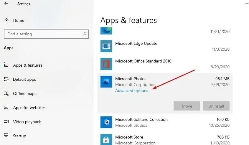 Microsoft photos advanced options