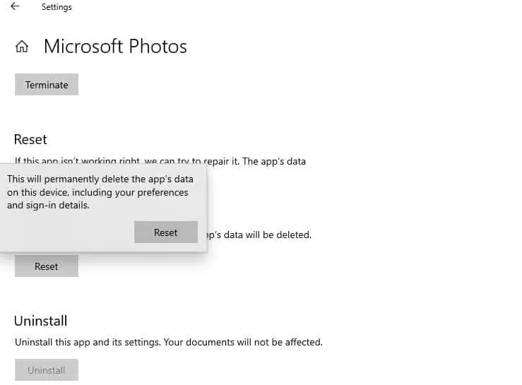 Reset Microsoft photos app