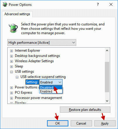 Set USB selective suspend as Disabled mode