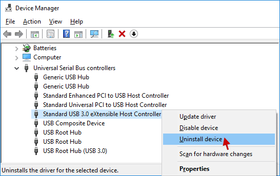 Uninstall Universal Serial Bus controllers driver