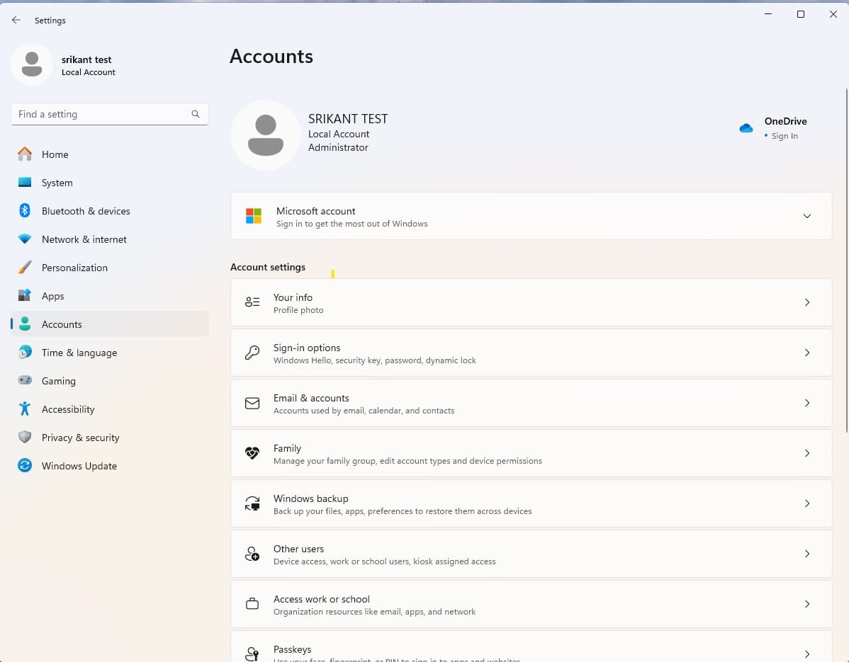 Local account on windows 11