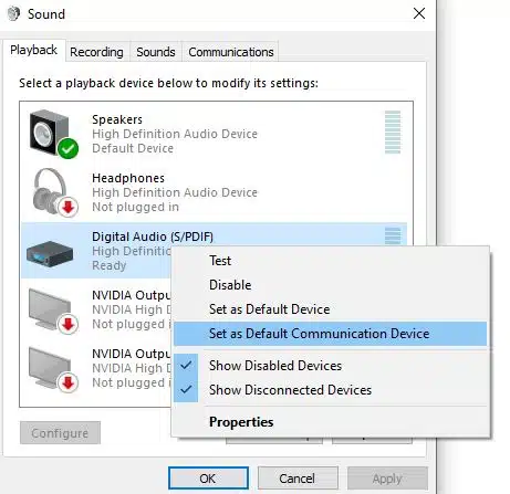 Default Device in Sound Settings