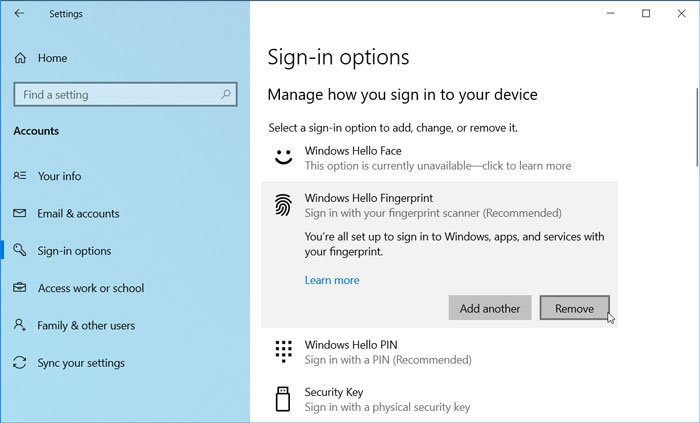Remove Windows Hello Fingerprint