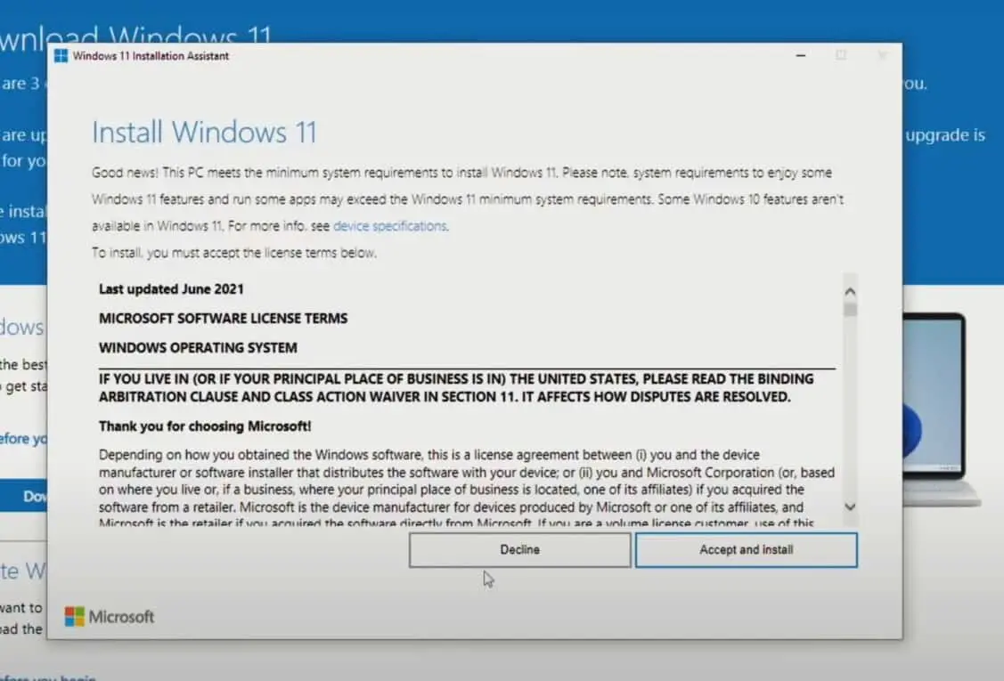 Windows 11 installation assistant license terms