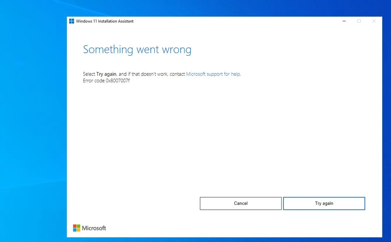 Windows 11 upgrade error code 0x8007007f