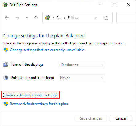 change advanced power settings