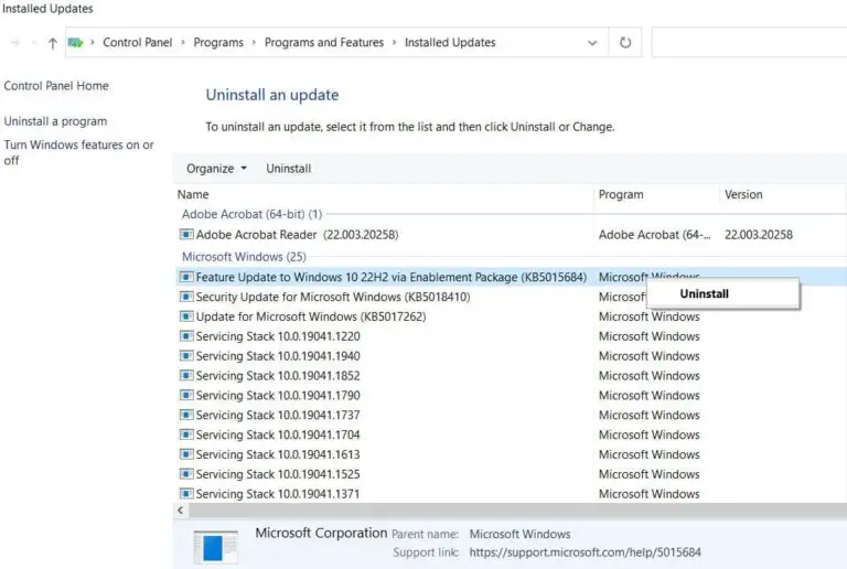 uninstall feature update windows 10 22h2