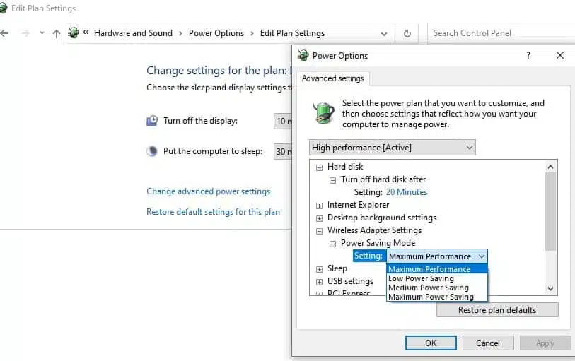 Change Power Options network adapter