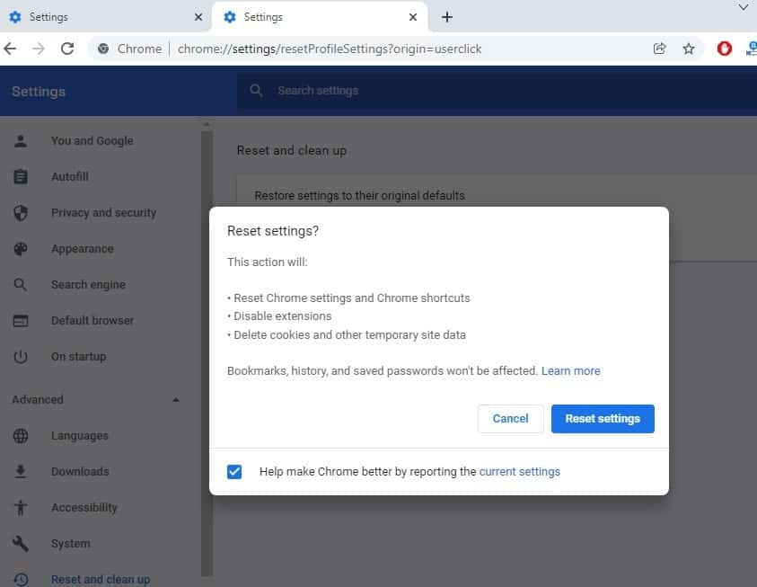 Reset chrome settings