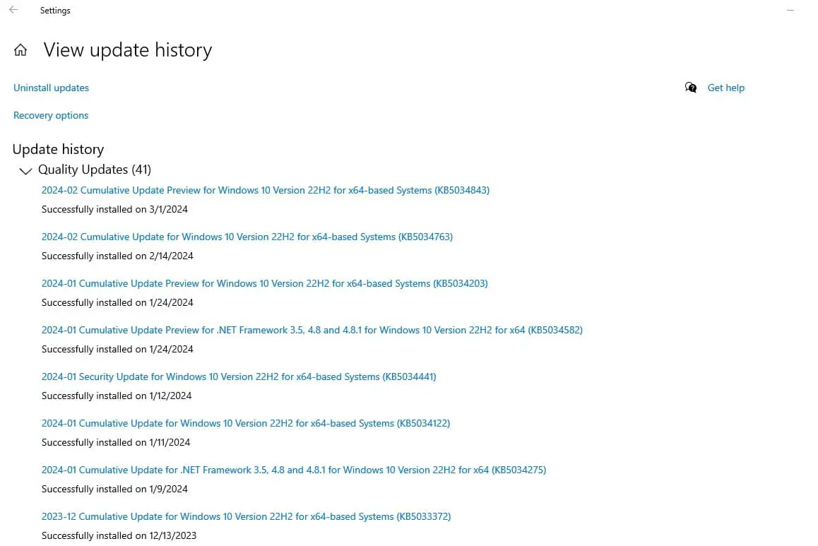 Windows 10 update history