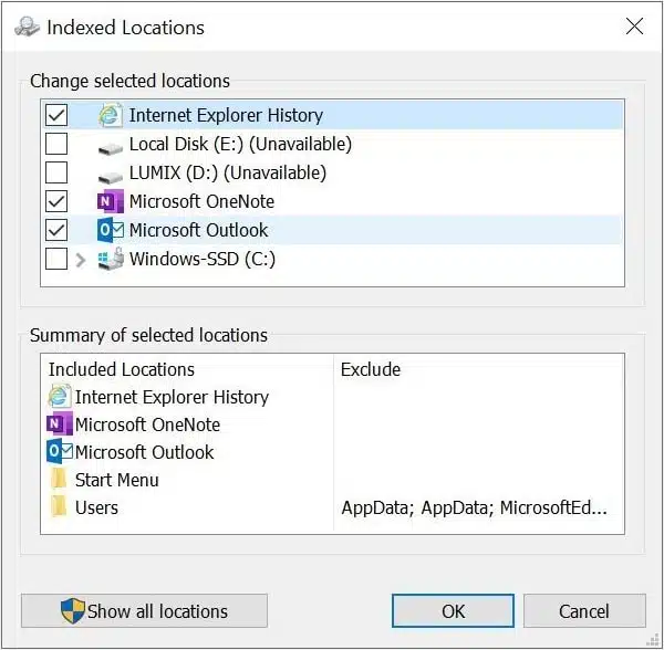 Check outlook index locations