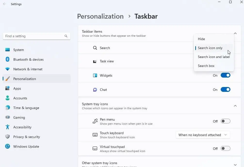 change the Taskbar's Search style