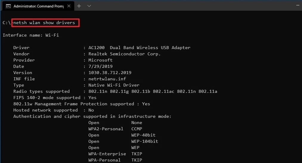 netsh wlan show drivers