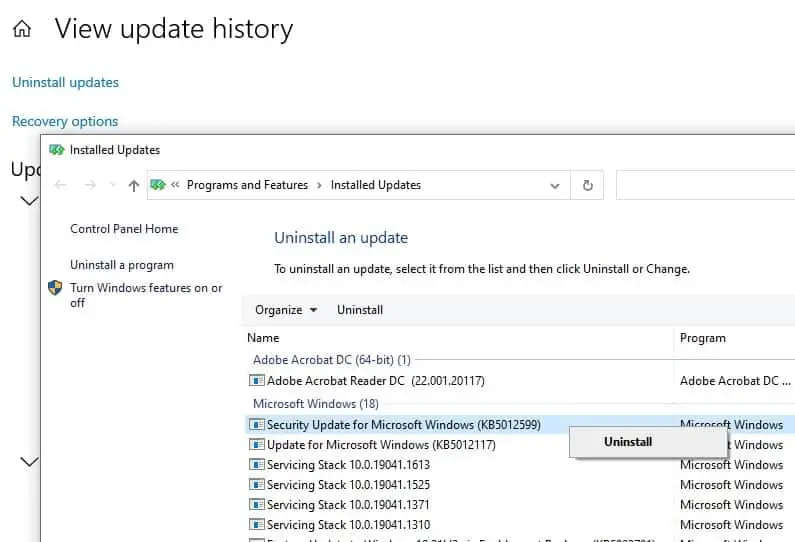 Uninstall windows 10 update