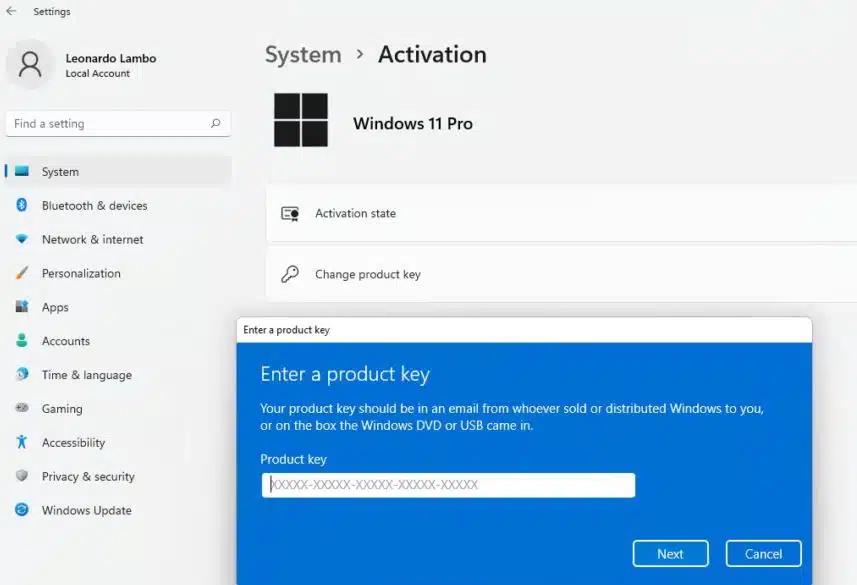 Enter product key windows 11