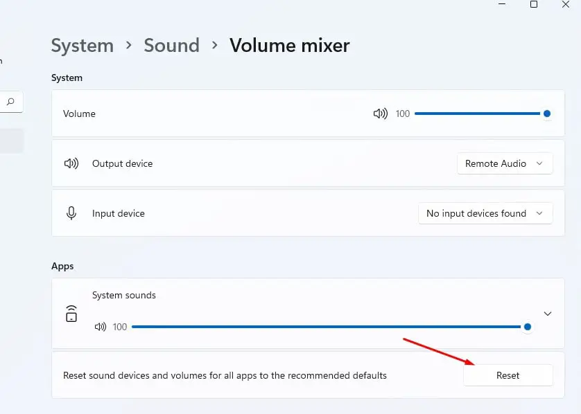 Reset volume mixer