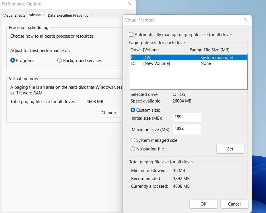 Adjust virtual memory to fix Resident Evil 4 Fatal D3D error 25