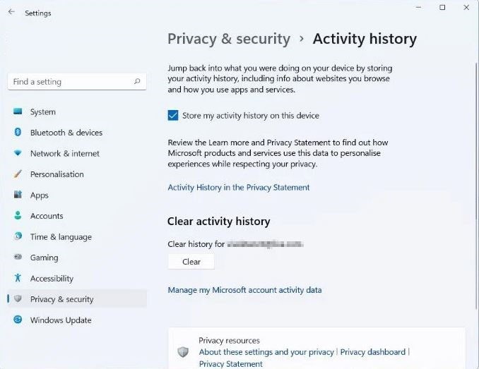 Clear active history windows 11