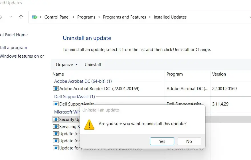 confirm uninstall windows update